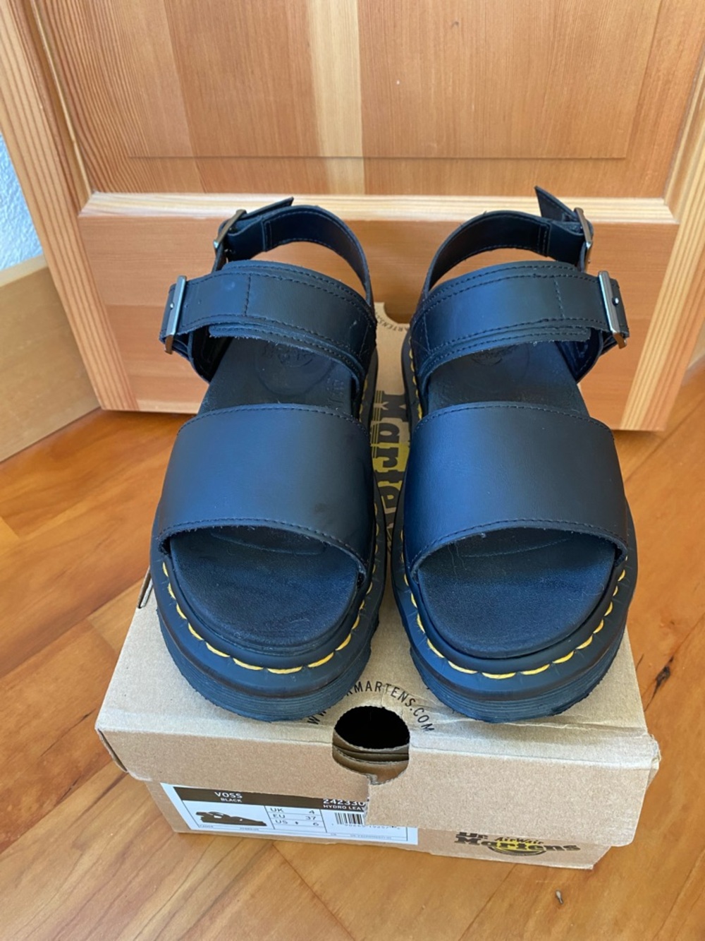 Dr. Martens Black Leather Platform Sandals with Yellow Stitching